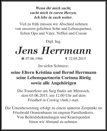 Traueranzeige von Jens Herrmann von WVG - Wochenspiegel Dessau / Köthen