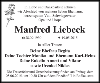 Traueranzeige von Manfred Liebeck von WVG - Wochenspiegel Dessau / Köthen