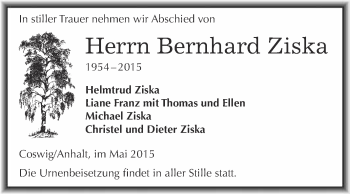 Traueranzeige von Bernhard Ziska von Super Sonntag Wittenberg