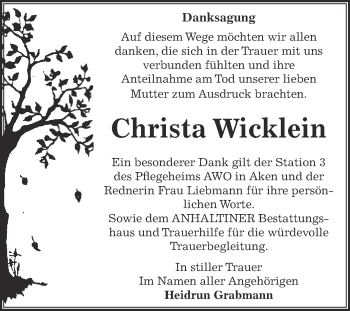 Traueranzeige von Christa Wicklein von WVG - Wochenspiegel Dessau / Köthen