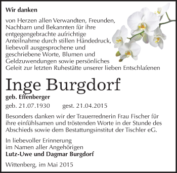 Traueranzeige von Inge Burgdorf von Mitteldeutsche Zeitung Wittenberg