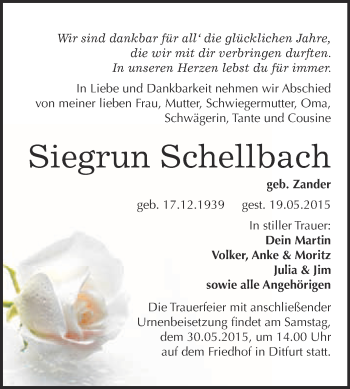Traueranzeige von Siegrun Schellbach von WVG - Wochenspiegel Quedlinburg