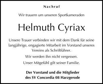 Traueranzeige von Helmuth Cyriax von Mitteldeutsche Zeitung Quedlinburg