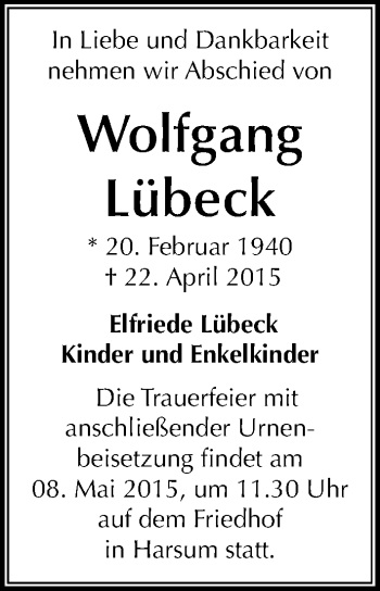 Traueranzeige von Wolfgang Lübeck von Mitteldeutsche Zeitung Quedlinburg