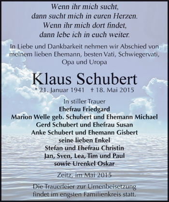 Traueranzeige von Klaus Schubert von Mitteldeutsche Zeitung Zeitz