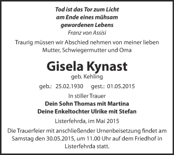 Traueranzeige von Gisela Kynast von Super Sonntag Wittenberg