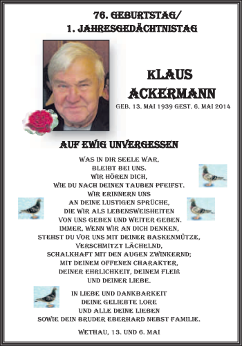 Traueranzeige von Klaus Ackermann von WVG - Wochenspiegel NMB / WSF / ZTZ