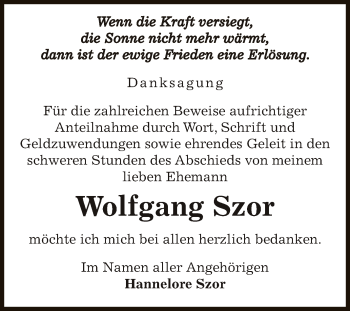 Traueranzeige von Wolfgang Szor von Super Sonntag SGH Mansf. Land