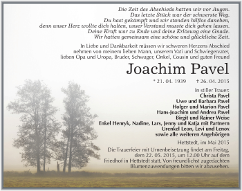 Traueranzeige von Joachim Pavel von Mitteldeutsche Zeitung Mansfelder Land