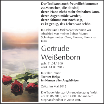 Traueranzeige von Gertrude Weißenborn von Super Sonntag Zeitz