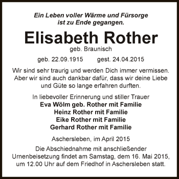 Traueranzeige von Elisabeth Rother von Super Sonntag Aschersleben