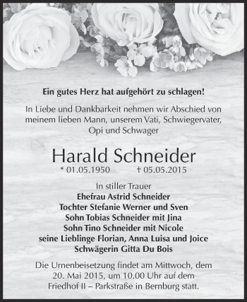 Traueranzeige von Harald Schneider von Super Sonntag Bernburg