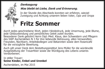 Traueranzeige von Fritz Sommer von Super Sonntag Aschersleben