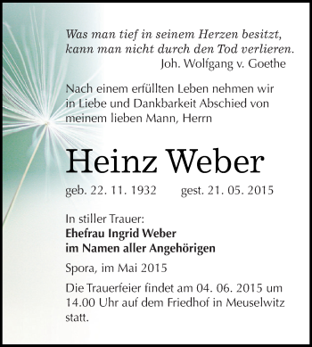 Traueranzeige von Heinz Weber von Super Sonntag Zeitz