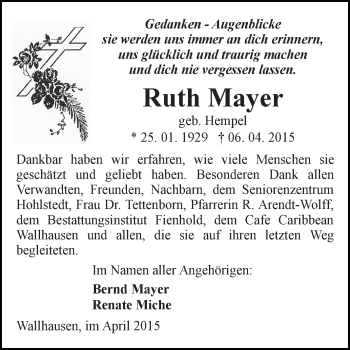 Traueranzeige von Ruth Mayer von Super Sonntag SGH Mansf. Land