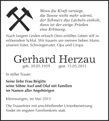 Traueranzeige von Gerhard Herzau von WVG - Wochenspiegel NMB / WSF / ZTZ