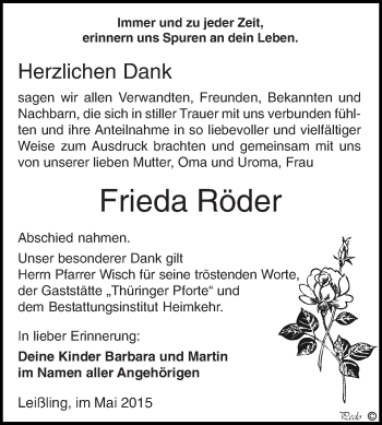 Traueranzeige von Frieda Röder von WVG - Wochenspiegel NMB / WSF / ZTZ