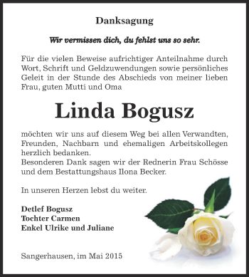 Traueranzeige von Linda Bogusz von Super Sonntag SGH Mansf. Land
