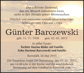 Traueranzeige von Günter Barczewski von Mitteldeutsche Zeitung Merseburg/Querfurt