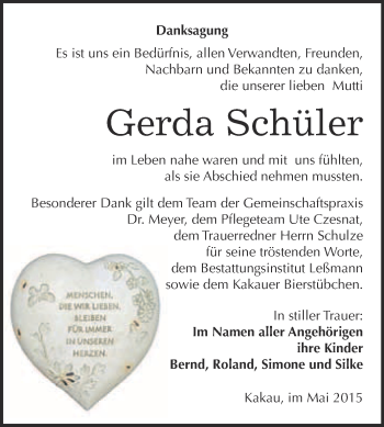 Traueranzeige von Gerda Schüler von WVG - Wochenspiegel Wittenberg