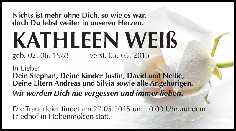  Traueranzeige für Kathleen Weiß vom 24.05.2015 aus WVG - Wochenspiegel NMB / WSF / ZTZ