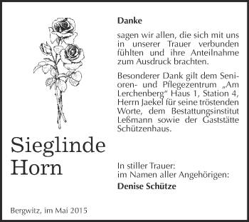Traueranzeige von Sieglinde Horn von WVG - Wochenspiegel Wittenberg