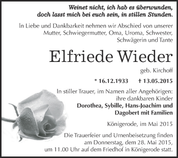 Traueranzeige von Elfriede Wieder von Wochenspiegel Mansfelder Land