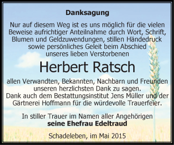 Traueranzeige von Herbert Ratsch von Super Sonntag Aschersleben