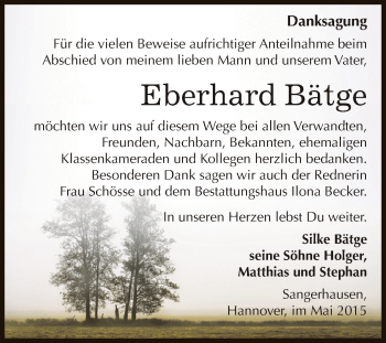 Traueranzeige von Eberhard Bätge von Super Sonntag SGH Mansf. Land