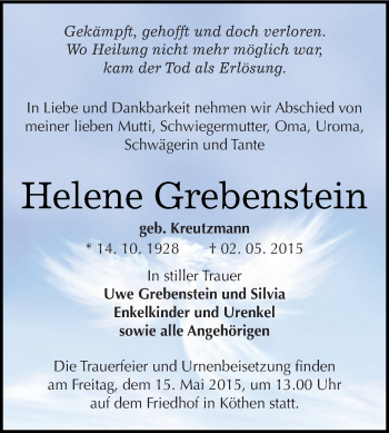 Traueranzeige von Helene Grebenstein von WVG - Wochenspiegel Dessau / Köthen