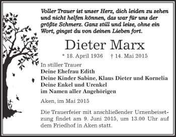 Traueranzeige von Dieter Marx von WVG - Wochenspiegel Dessau / Köthen