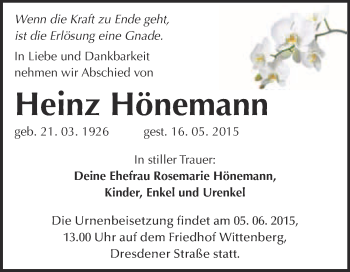 Traueranzeige von Heinz Hönemann von Super Sonntag Wittenberg