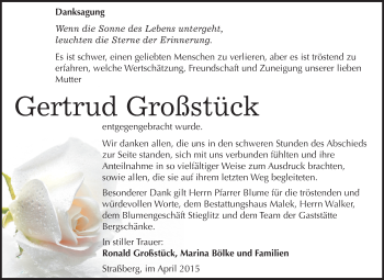 Traueranzeige von Gertrud Großstück von WVG - Wochenspiegel Quedlinburg
