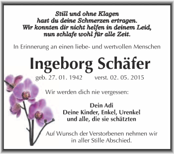 Traueranzeige von Ingeborg Schäfer von WVG - Wochenspiegel NMB / WSF / ZTZ