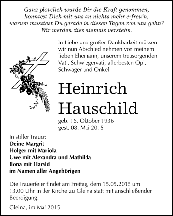 Traueranzeige von Heinrich Hauschild von Mitteldeutsche Zeitung Zeitz