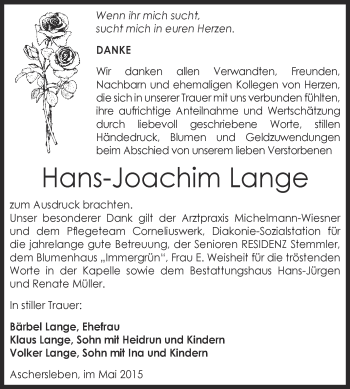 Traueranzeige von Hans-Joachim Lange von Super Sonntag Aschersleben