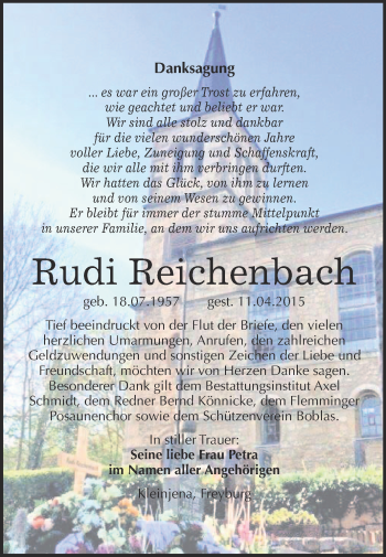 Traueranzeige von Rudi Reichenbach von WVG - Wochenspiegel NMB / WSF / ZTZ