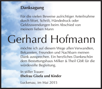 Traueranzeige von Gerhard Hofmann von Mitteldeutsche Zeitung Zeitz