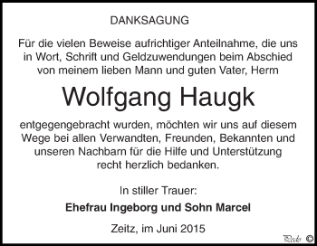Traueranzeige von Wolfgang Haugk von Super Sonntag Zeitz