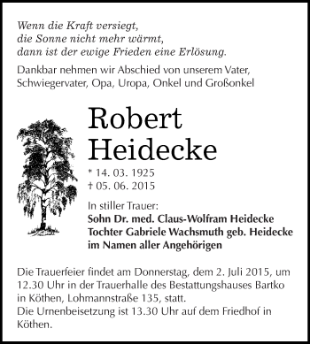 Traueranzeige von Robert Heidecke von WVG - Wochenspiegel Dessau / Köthen