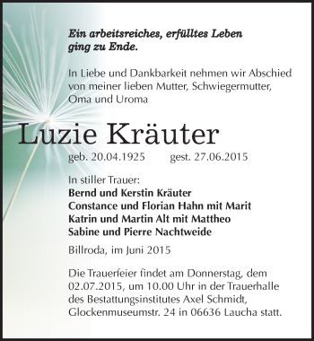Traueranzeige von Luzie Kräuter von Mitteldeutsche Zeitung Naumburg/Nebra