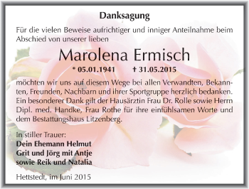 Traueranzeige von Marolena Ermisch von Mitteldeutsche Zeitung Mansfelder Land