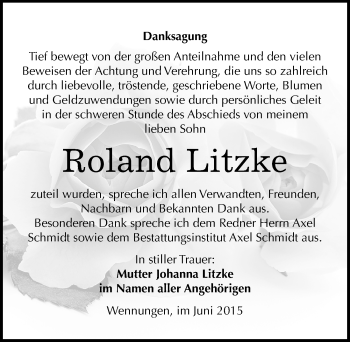 Traueranzeige von Roland Litzke von Mitteldeutsche Zeitung Naumburg/Nebra