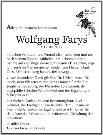 Traueranzeige von Wolfgang Farys von Mitteldeutsche Zeitung Naumburg/Nebra