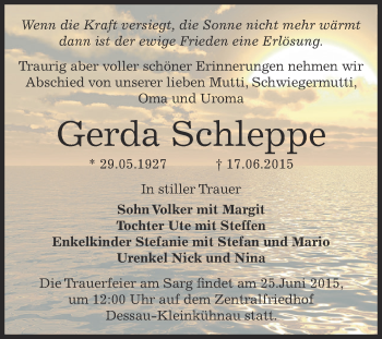 Traueranzeige von gerda Schleppe von WVG - Wochenspiegel Dessau / Köthen