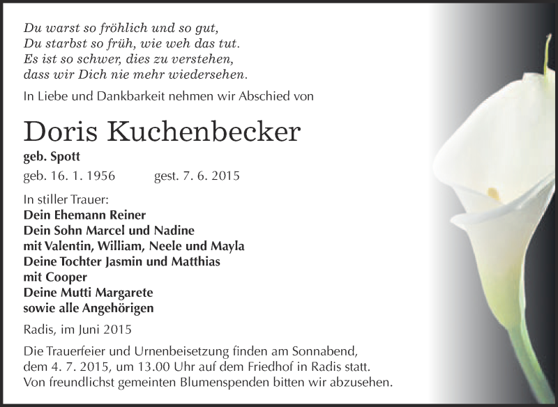  Traueranzeige für Doris Kuchenbecker vom 21.06.2015 aus WVG - Wochenspiegel Wittenberg