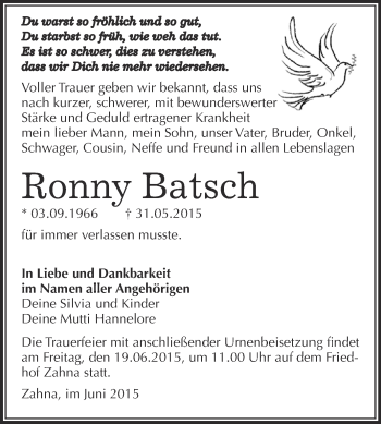 Traueranzeige von Ronny Batsch von Super Sonntag Wittenberg