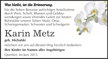 Traueranzeige von Karin Metz von WVG - Wochenspiegel Merseburg