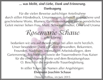 Traueranzeige von Rosemarie Schaue von WVG - Wochenspiegel Dessau / Köthen