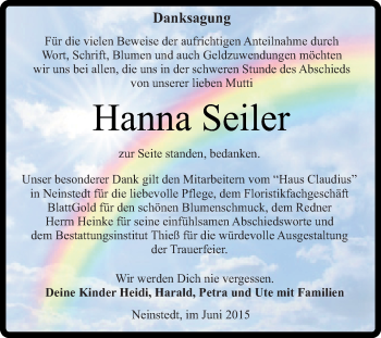 Traueranzeige von Hanna Seiler von Super Sonntag Quedlinburg